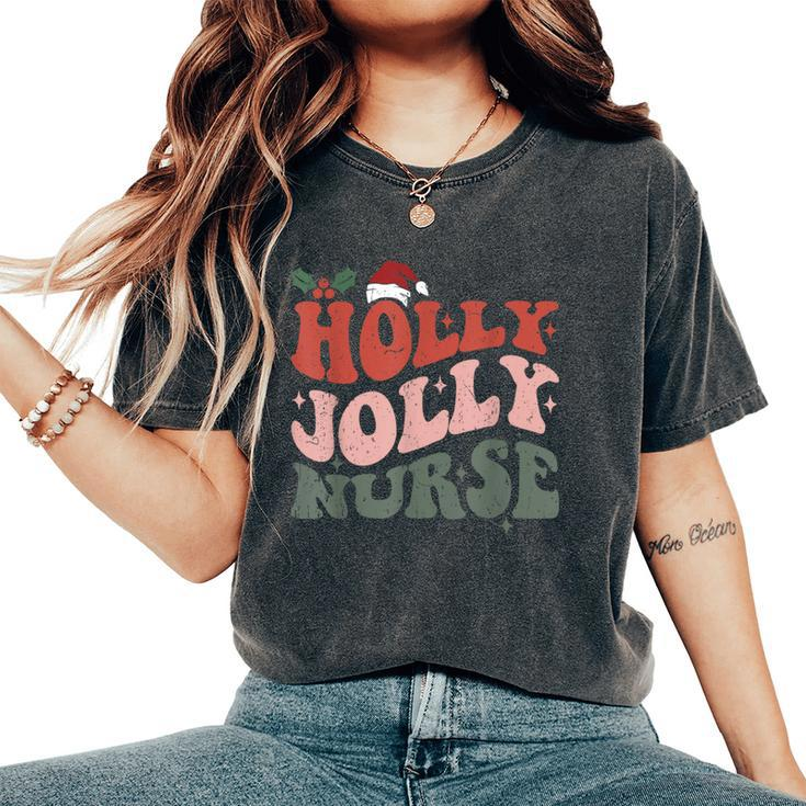 Holly N Jolly Nurse Santa Hat Groovy Christmas 2023 Women's Oversized Comfort T-Shirt