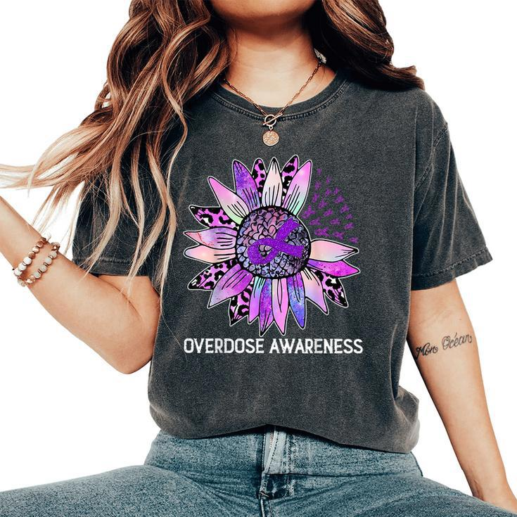Leopard Sunflower Overdose Awareness Month Purple Ribbon Women's Oversized Comfort T-Shirt
