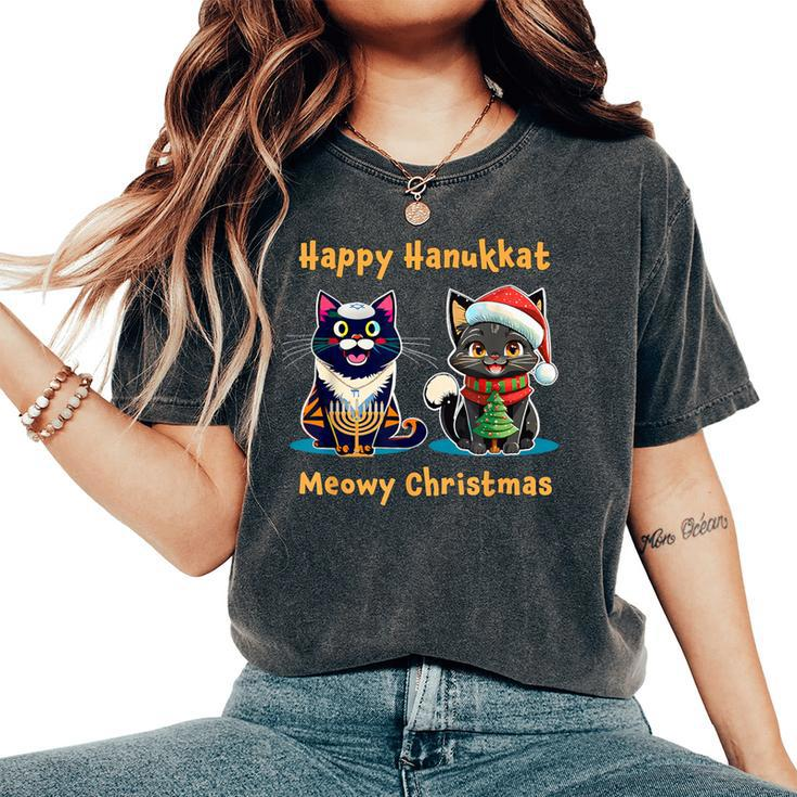 Merry Christmas Happy Hanukkah Jewish Christian Cat Lovers Women's Oversized Comfort T-Shirt