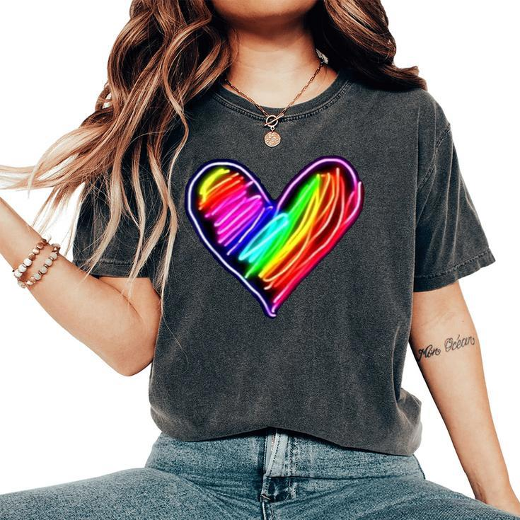 Neon Rainbow Heart Love Pride Lgbqt Rally Women's Oversized Comfort T-Shirt