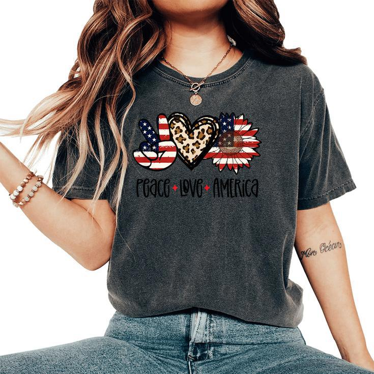 Peace Love America Leopard Sunflower Usa Flag 4Th Of July Women's Oversized Comfort T-shirt