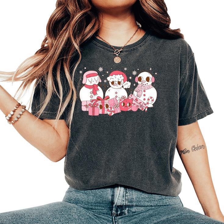 Pink Christmas Snowman Groovy Chillin With My Snowmies Pjs Women's Oversized Comfort T-Shirt