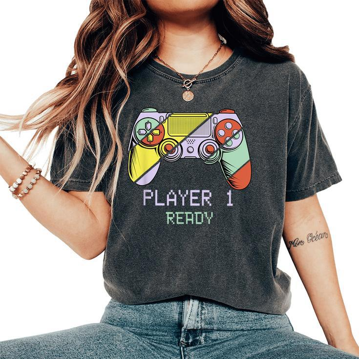 Player 1 Ready Future Dad & Mom Baby Announcement Cute Women's Oversized Comfort T-Shirt