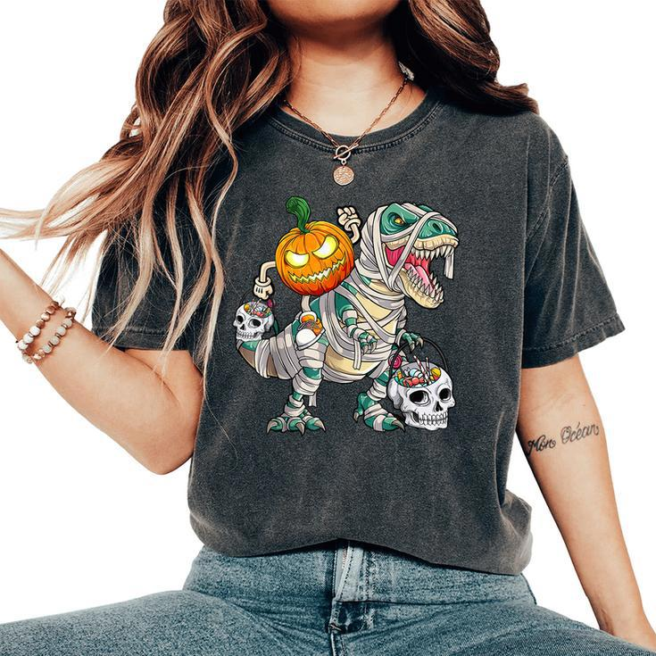 Pumpkin Riding Mummy Dinosaur T Rex Halloween Skeleton Women's Oversized Comfort T-Shirt