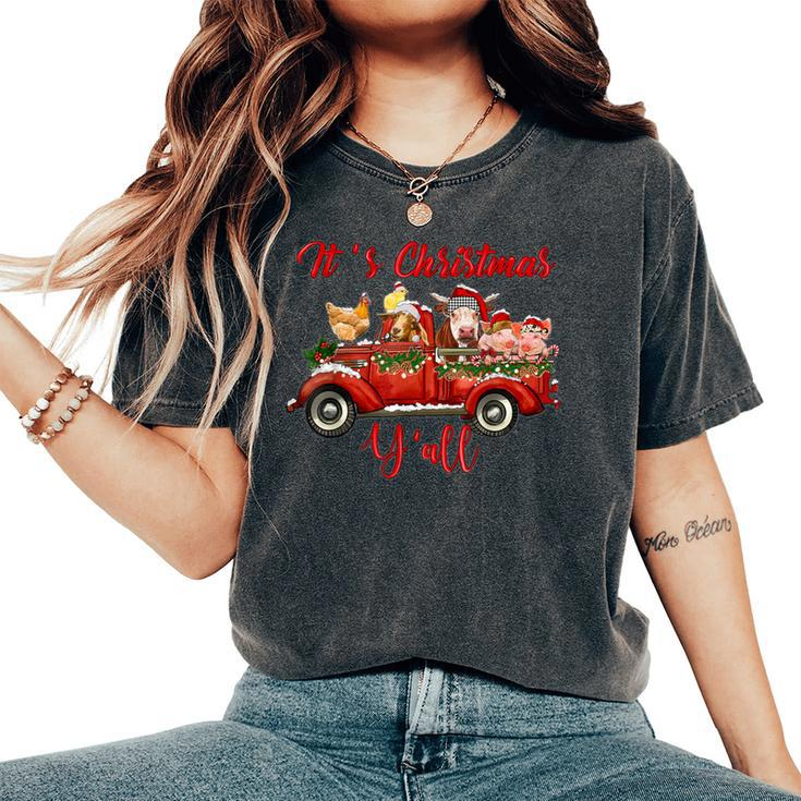 Red Farm Truck Farm Animal Farmer Girl It's Christmas Y'all Women's Oversized Comfort T-Shirt