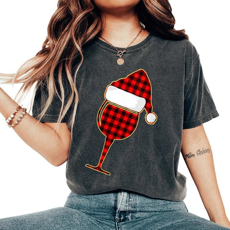 Red Plaid Wine Cup And Christmas Santa Hat Women's Oversized Comfort T-Shirt
