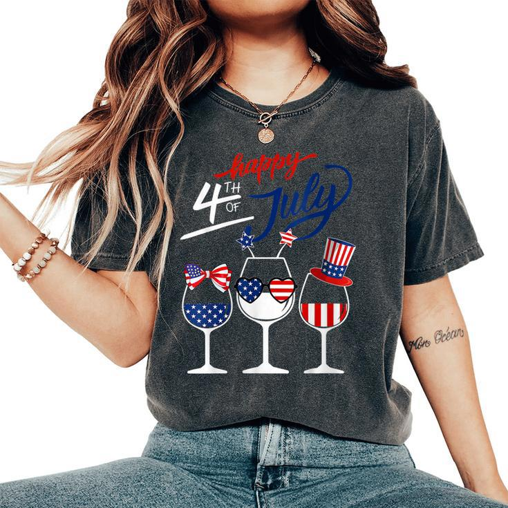 Red White Blue Wine Glass Usa Flag Happy 4Th Of July Women's Oversized Comfort T-shirt