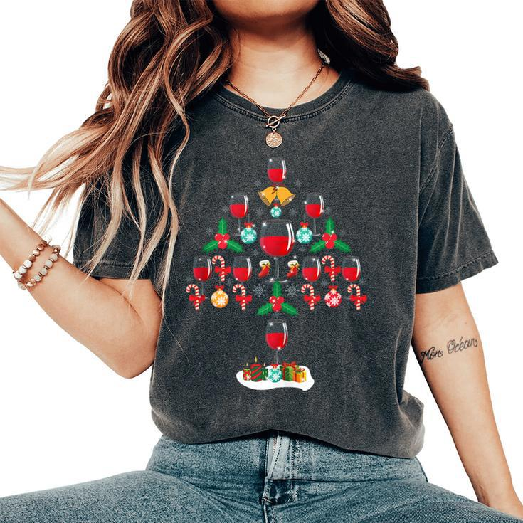 Red Wine Glass Christmas Xmas Tree Women's Oversized Comfort T-Shirt