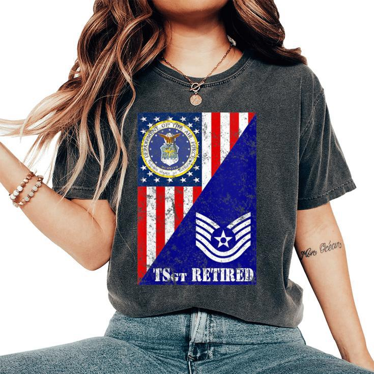 Retired Air Force Technical Sergeant Half Rank & Flag Women's Oversized Comfort T-Shirt
