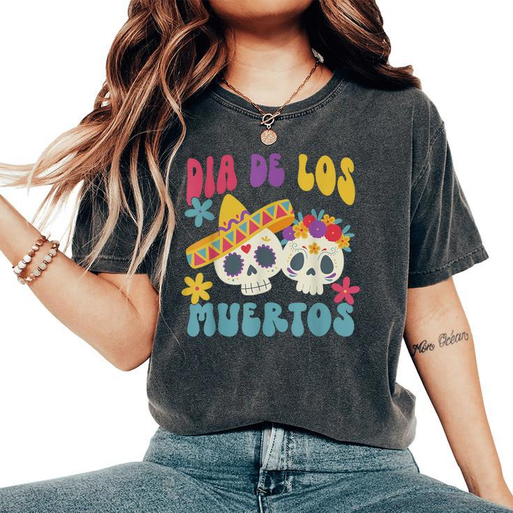 Retro Groovy Dia De Los Muertos Sugar Skull Day Of The Dead Women's Oversized Comfort T-Shirt