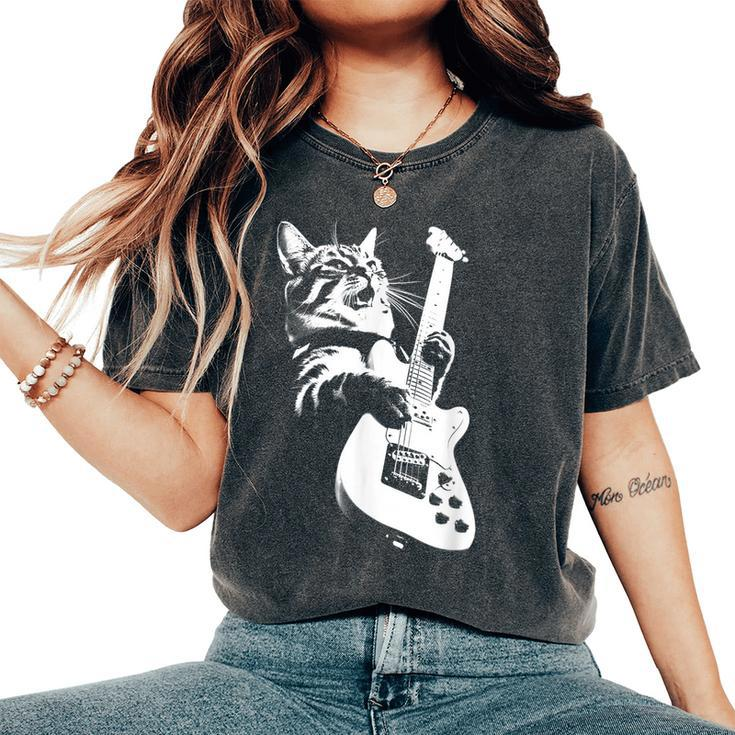 Rock Cat Playing Guitar - Funny Guitar Cat  Women Oversized Print Comfort T-shirt