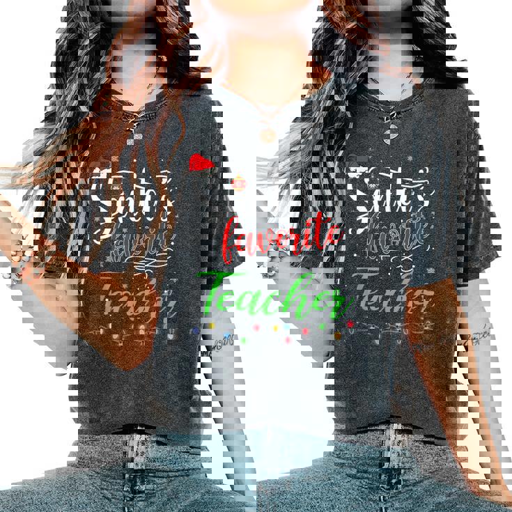 Santas Favorite Teacher Christmas Santa Hat Light Women's Oversized Comfort T-Shirt