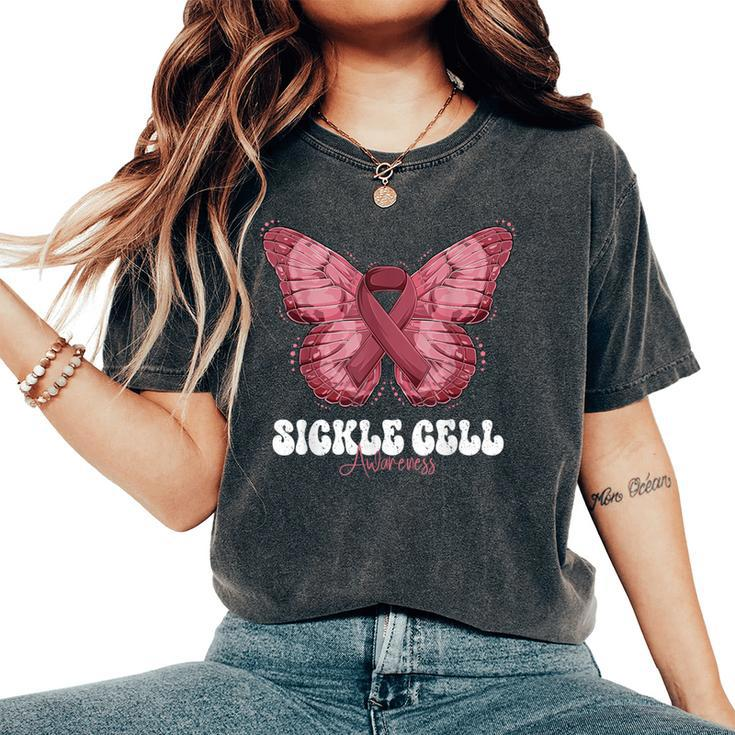 Sickle Cell Awareness Month Burgundy Ribbon Butterfly Women's Oversized Comfort T-Shirt