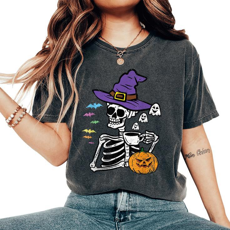 Skeleton Drinking Coffee Halloween Costume Pumpkin Ghost Women's Oversized Comfort T-Shirt