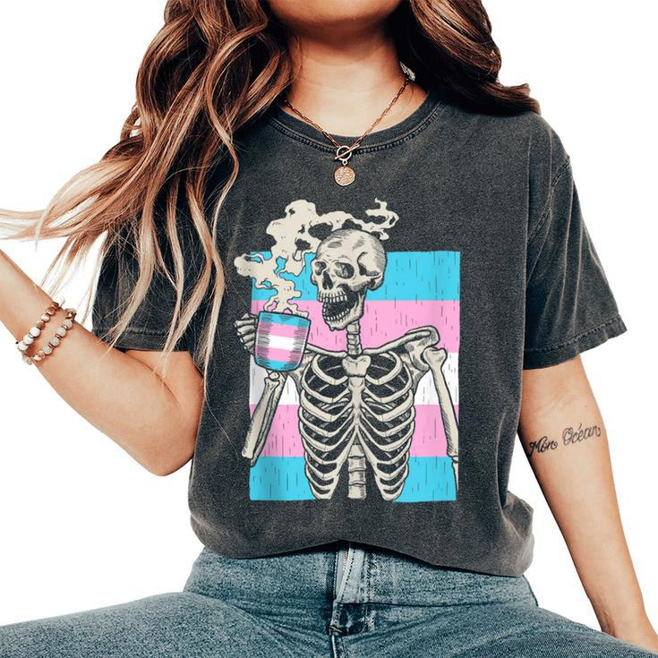 Skeleton Drinking Coffee Lgbtq Transgender Pride Trans Flag Women's Oversized Comfort T-shirt