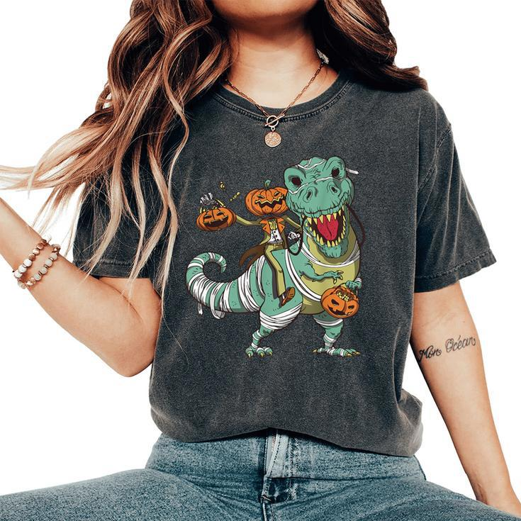 Skeleton Riding Mummy Dinosaur T Rex Halloween Pumpkin Women's Oversized Comfort T-Shirt