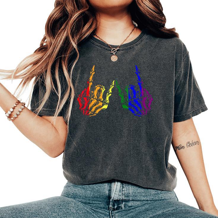 Skeleton Rock Hand Lgbt-Q Cool Rainbow Flag Gay Pride Ally  Women Oversized Print Comfort T-shirt