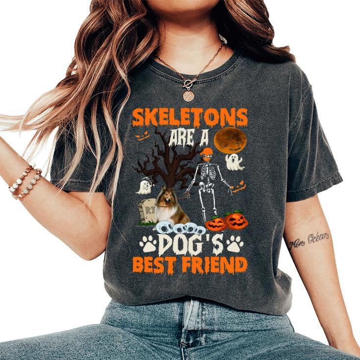 Skeletons Shetland Sheepdog Is Friends Funny Halloween   Women Oversized Print Comfort T-shirt