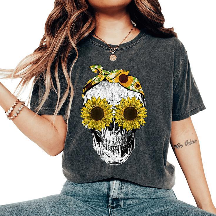 Skull Sunflower  Floral Bandana Skeleton Head  Women Oversized Print Comfort T-shirt