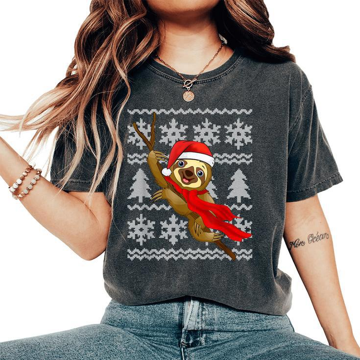Sloth Santa Hat Scarf Ugly Christmas Sweater Holiday Women's Oversized Comfort T-Shirt