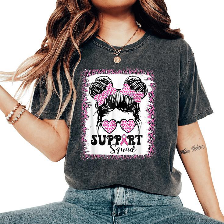 Support Squad Messy Hair Bun Girl Pink Warrior Breast Cancer Women's Oversized Comfort T-Shirt