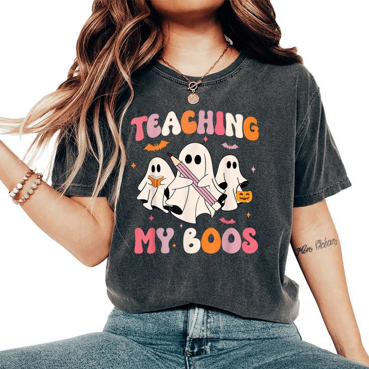 Teaching My Boos Spooky Teacher Ghost Halloween Groovy Retro Women's Oversized Comfort T-Shirt