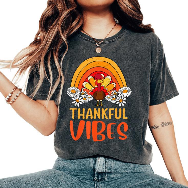 Thankful Vibes Turkey Retro Groovy Thanksgiving Rainbow Women's Oversized Comfort T-Shirt