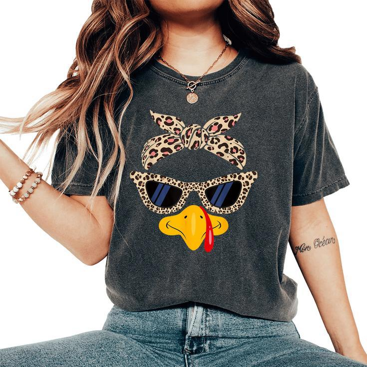 Thanksgiving Turkey Face Leopard Print For Girls Women's Oversized Comfort T-Shirt