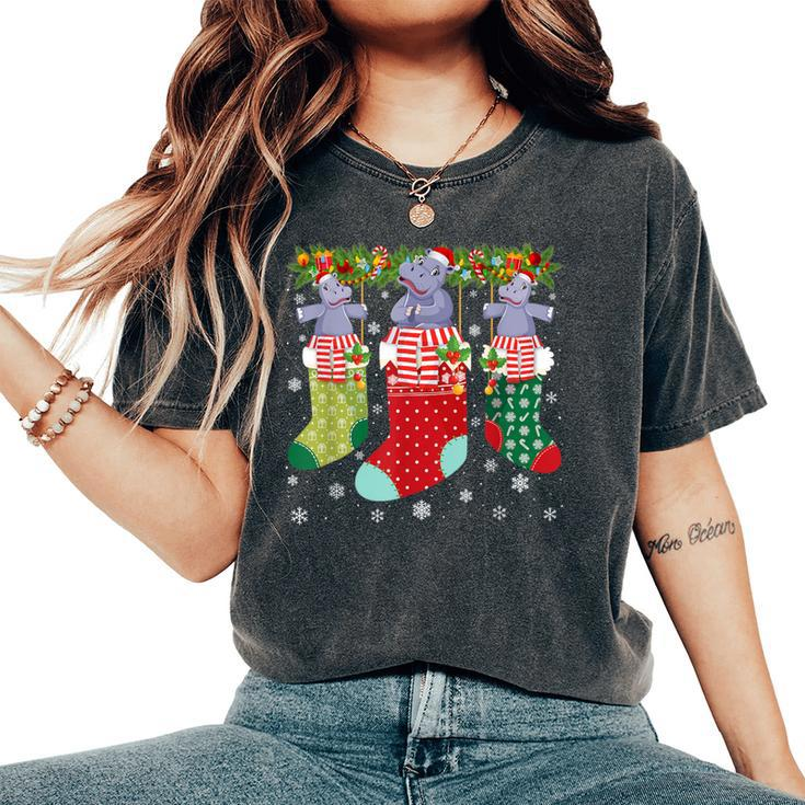 Three Hippo In Socks Ugly Christmas Sweater Party Women's Oversized Comfort T-Shirt