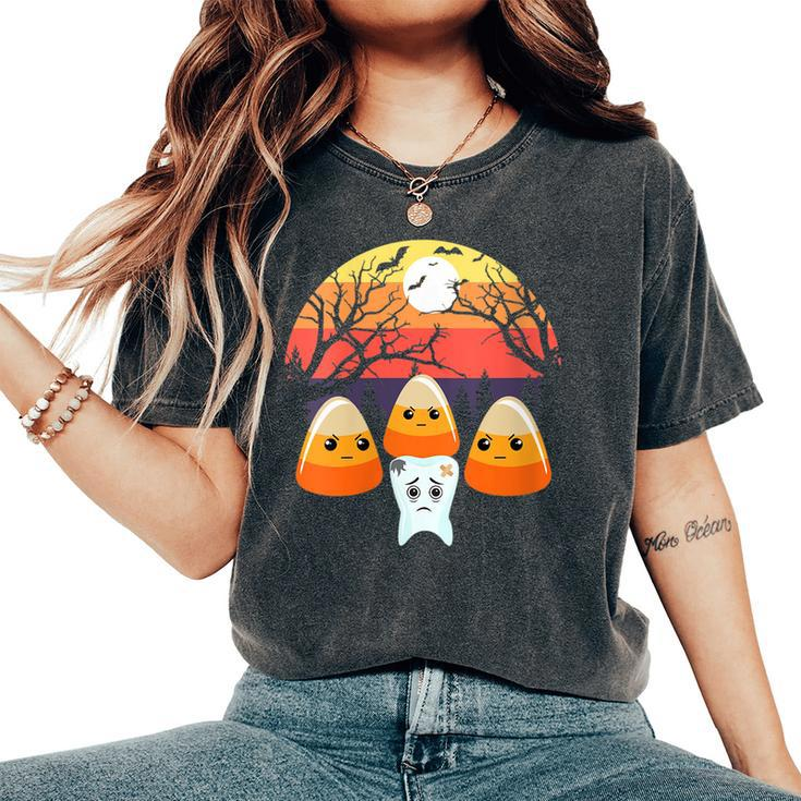 Tooth Decay Candy Corn Halloween Spooky Trick Or Treat Th  Women Oversized Print Comfort T-shirt