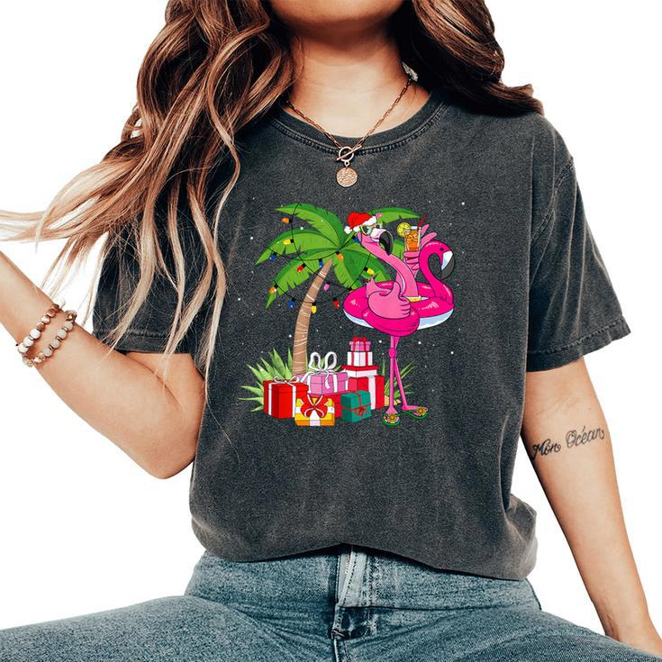 Tropical Pink Flamingo Christmas In July Summer Palm Tree Women's Oversized Comfort T-Shirt