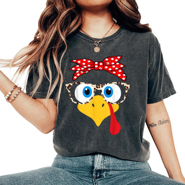 Turkey Face Leopard Print Glasses Thanksgiving Girl Women's Oversized Comfort T-Shirt