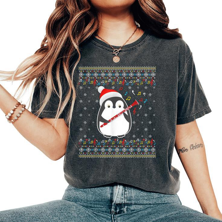 Ugly Christmas Ugly Xmas Sweater Penguin Clarinet Player Women's Oversized Comfort T-Shirt