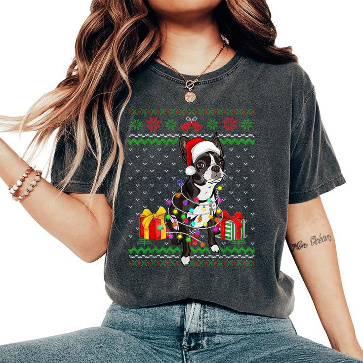 Ugly Sweater Christmas Lights Boston Terrier Dog Lover Women's Oversized Comfort T-Shirt