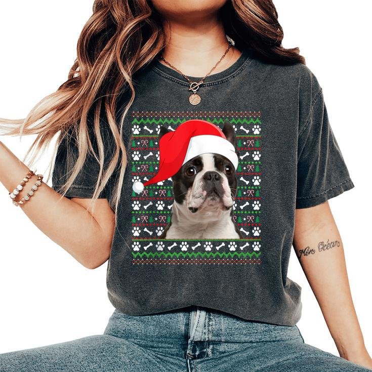 Ugly Xmas Sweater Santa Boston Terrier Dog Christmas Women's Oversized Comfort T-Shirt