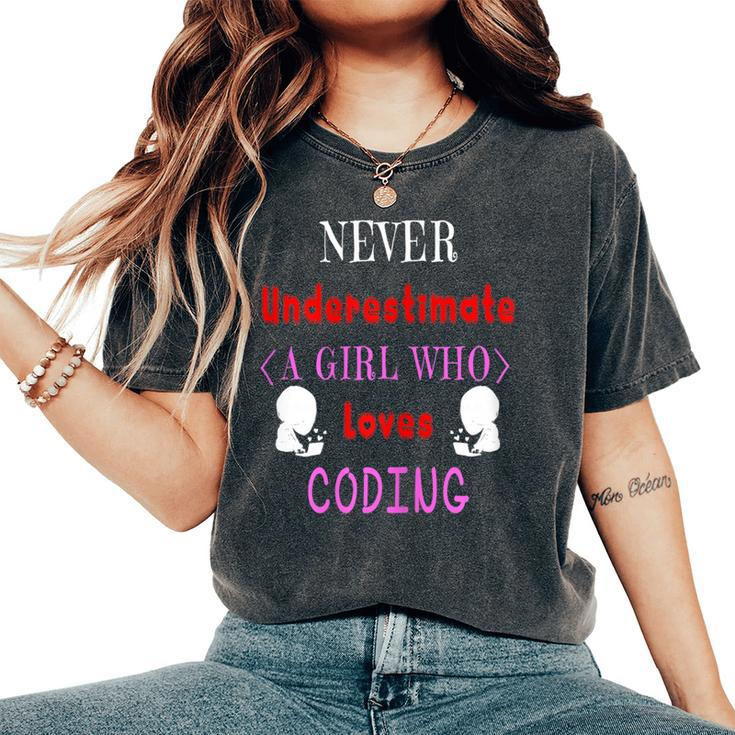 Never Underestimate A Girl Who Loves Coding Womens Women's Oversized Comfort T-Shirt