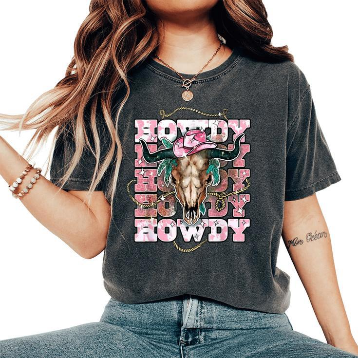 Vintage Pink Leopard Howdy Bull Skull Cowgirl Rodeo Western Women's Oversized Comfort T-shirt