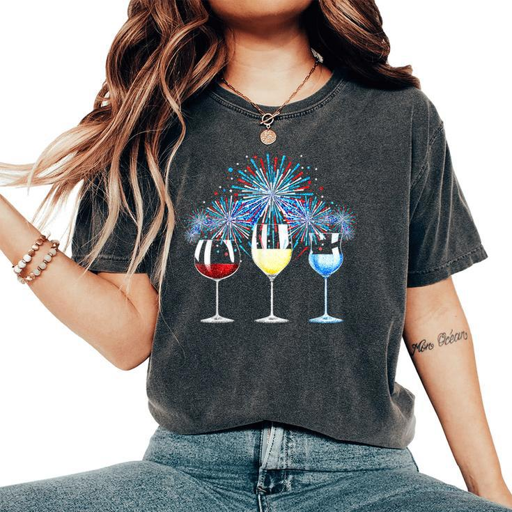 Wine Glass Red White Blue Firework Happy 4Th Of July Women's Oversized Comfort T-shirt