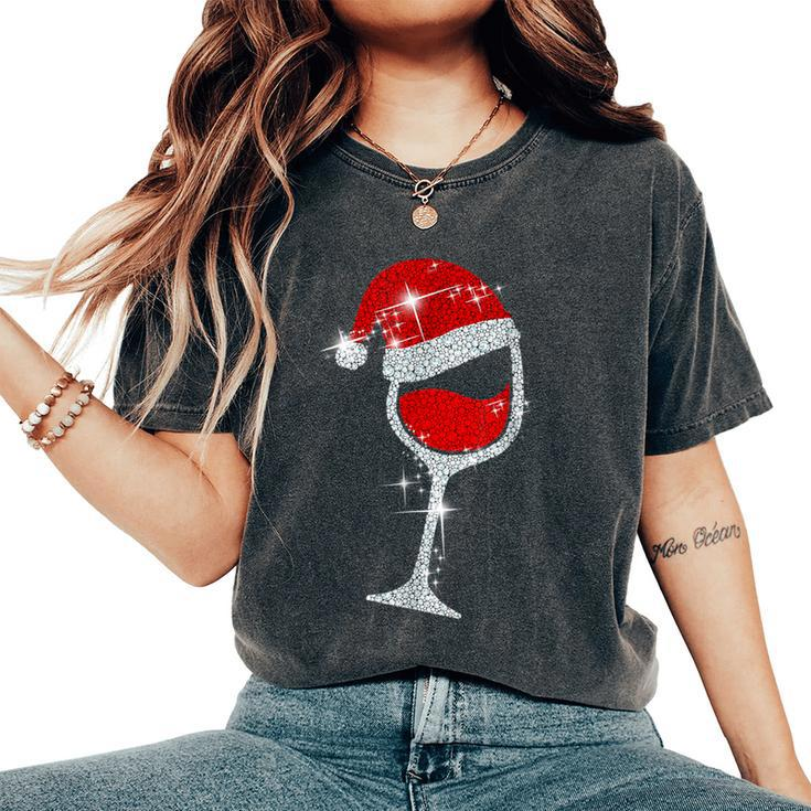 Wine Glasses Santa Hat Bling Christmas Wine Lover Women's Oversized Comfort T-Shirt