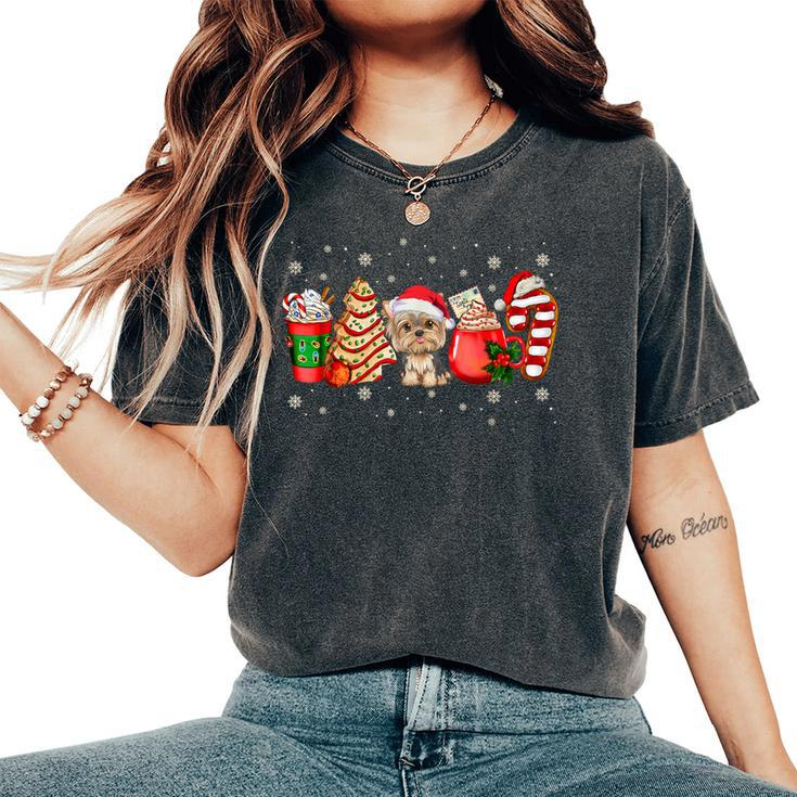 Yorkie Dog Christmas Pajamas Coffee Latte Xmas Tree Women's Oversized Comfort T-Shirt