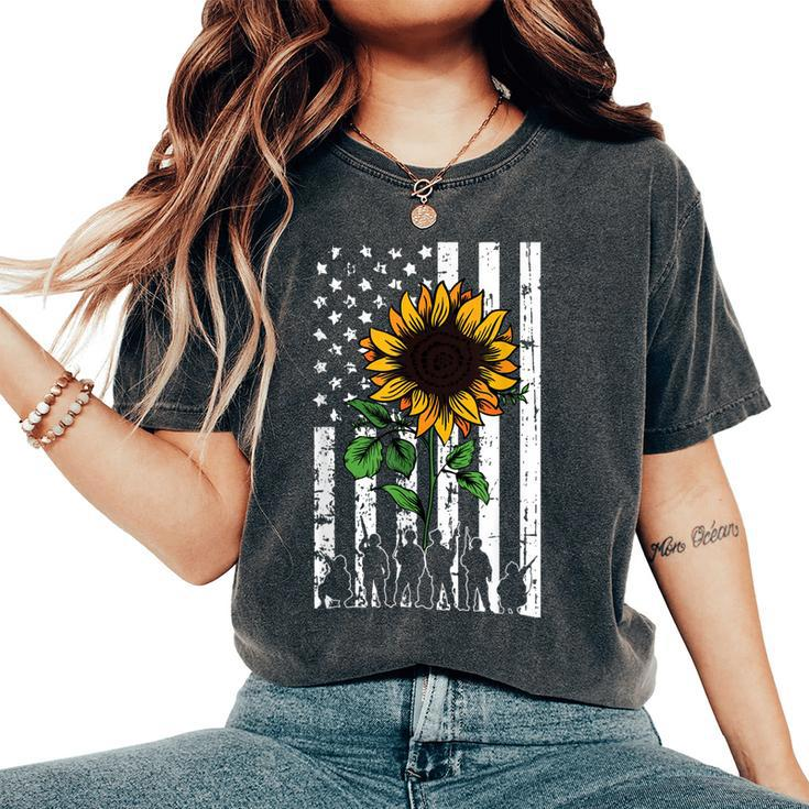 American Flag Sunflower Us Military Veteran Patriotic Women's Oversized Comfort T-shirt