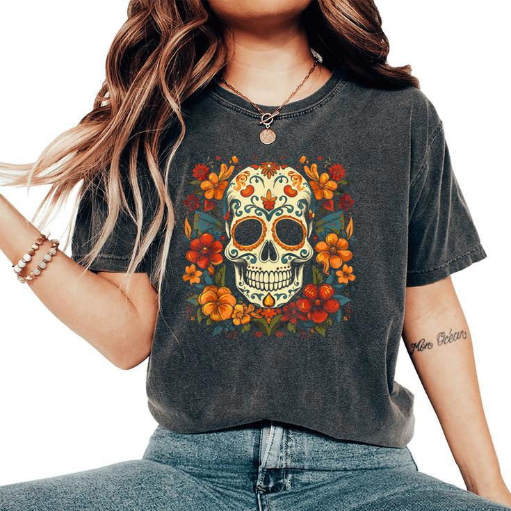 Floral Sugar Skull Day Of Dead Dia De Los Muertos Women's Oversized Comfort T-Shirt