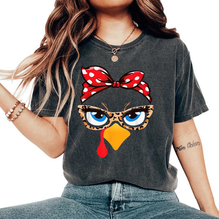 Girls Thanksgiving Turkey Face Leopard Glasses Turkey Women's Oversized Comfort T-Shirt