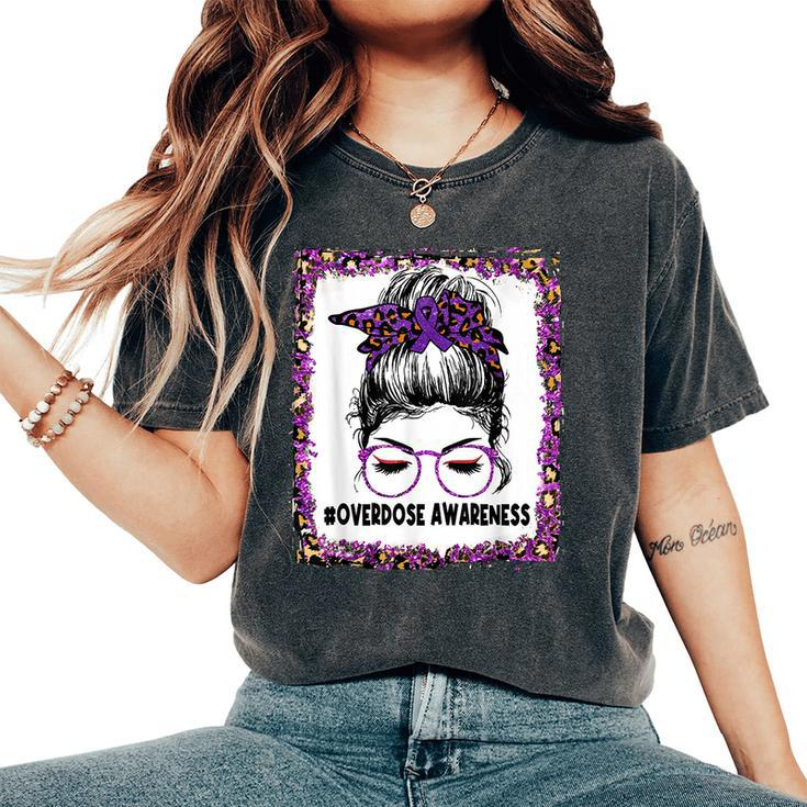 Overdose Awareness Wear Purple Leopard Messy Bun Women's Oversized Comfort T-Shirt