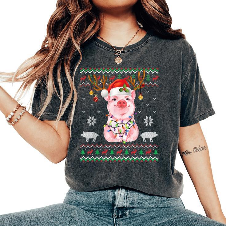 Reindeer Pigs Santa Hat Christmas Ugly Sweater Xmas Women's Oversized Comfort T-Shirt