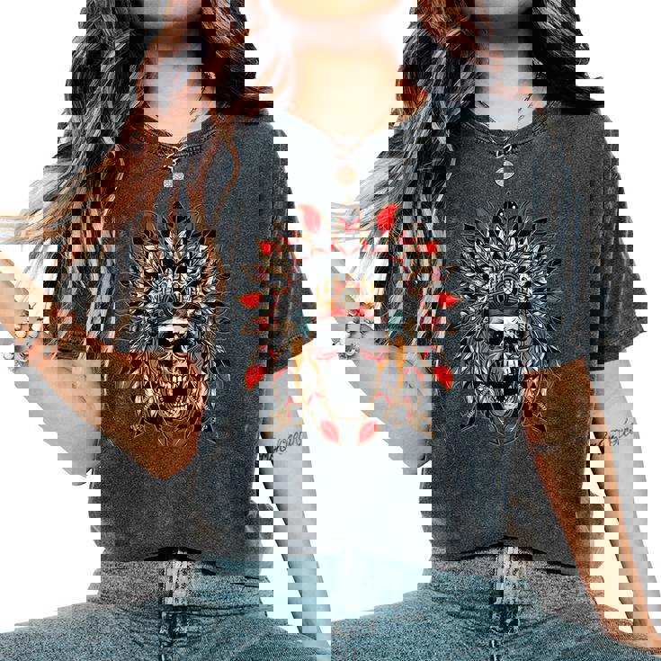 Screaming Skull In Native American Indian Headdress Feathers Native American Women's Oversized Comfort T-Shirt Screaming Skull In Native American Indian Headdress Feathers Native American Women's Oversized Comfort T-Shirt