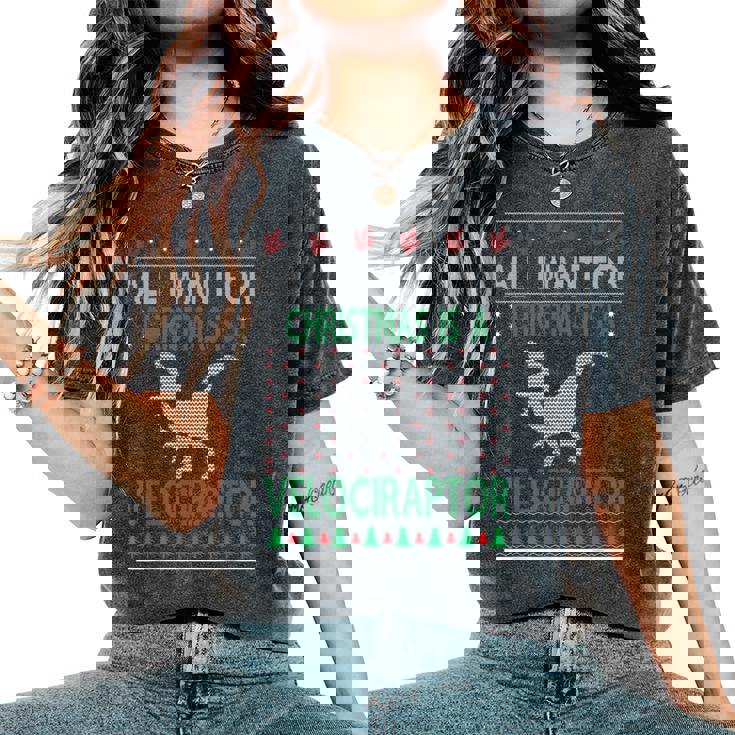 Velociraptor Christmas Dinosaur Ugly Christmas Sweater Style Women's Oversized Comfort T-Shirt