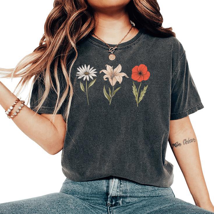 Vintage Flower Drawing Lily Poppy Daisy Women's Oversized Comfort