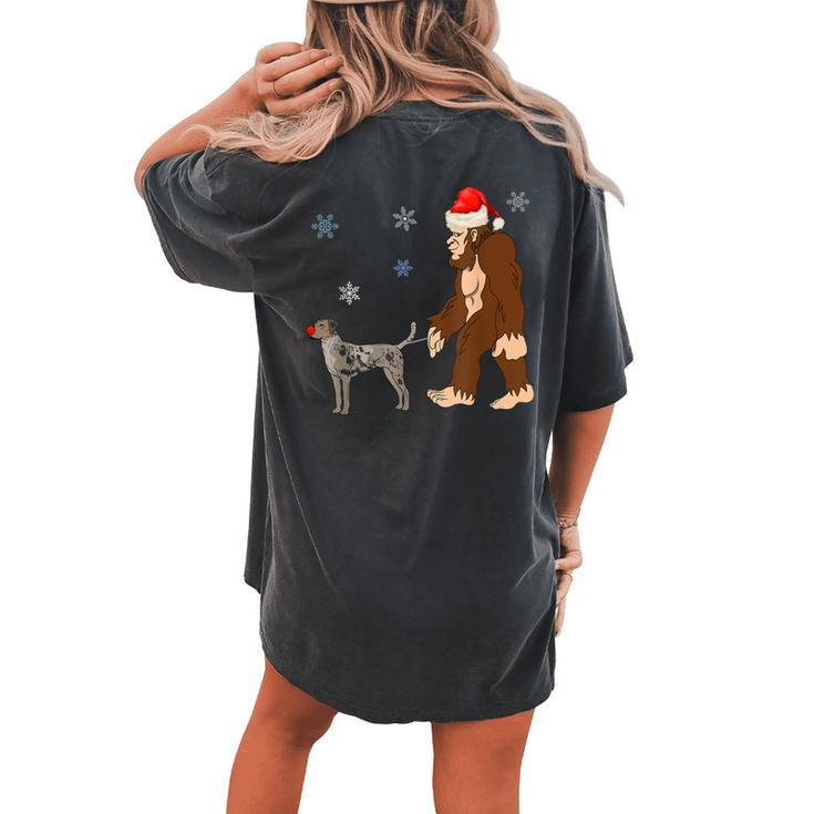 Bigfoot Santa Hat Walking Catahoula Leopard Dog Dog Red Nose Women's Oversized Comfort T-Shirt Back Print