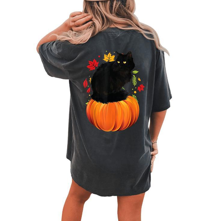 Black Cat Autumn Fall Season Pumpkin Thanksgiving Cat Women's Oversized Comfort T-shirt Back Print